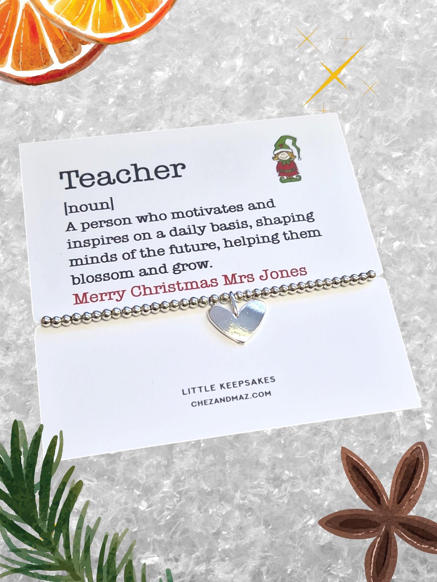 Personalised Teacher Definition Backing Card and Bracelet- Silver Plated Charm Bracelet & Heart Charm - Gift I Christmas Gift