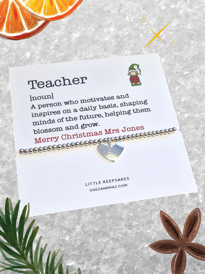 Personalised Teacher Definition Backing Card and Bracelet- Silver Plated Charm Bracelet & Heart Charm - Gift I Christmas Gift