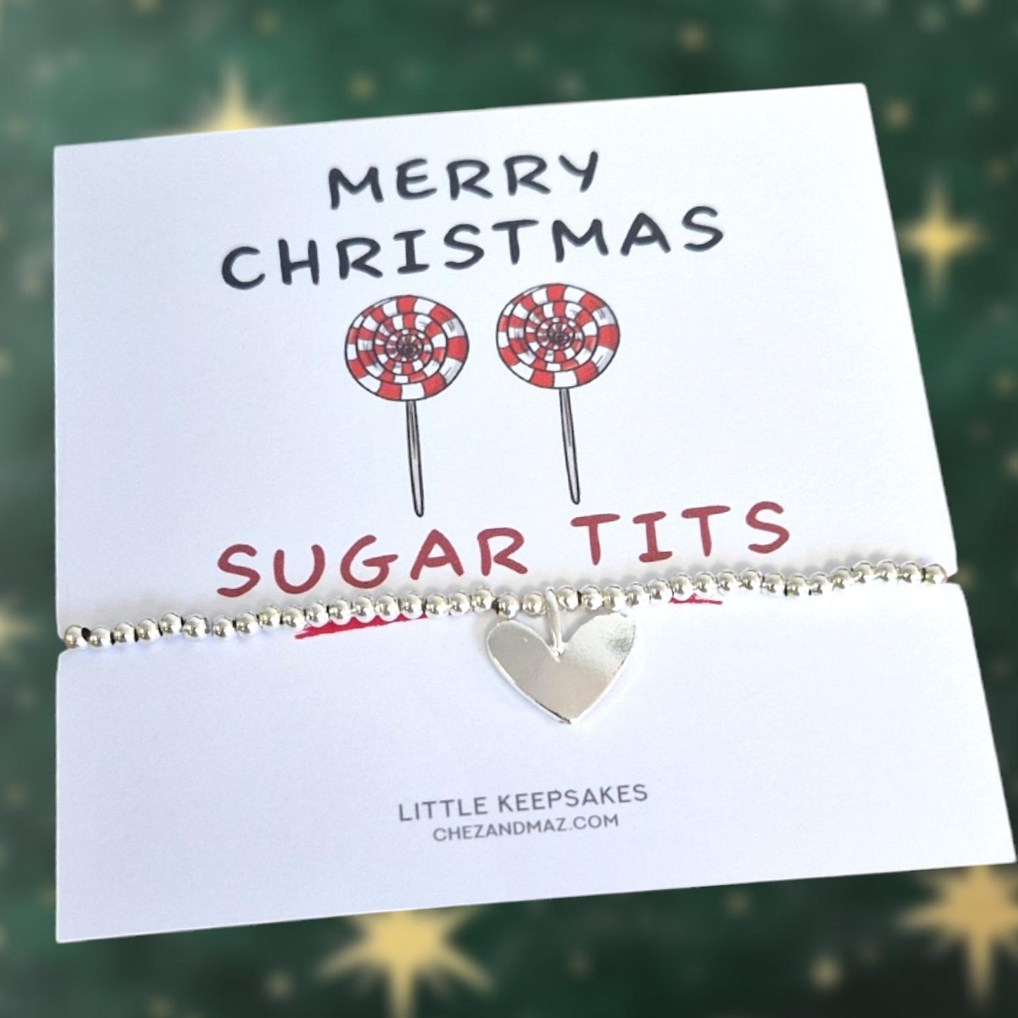 Merry Christmas Sugar T*ts I Funny Gift I Silver Plated Charm Bracelet with Silver coloured Heart Charm I Friendship Gift I Christmas