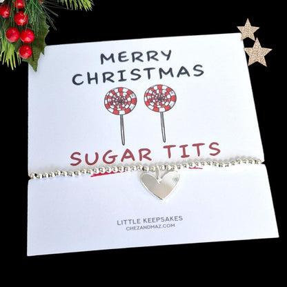 Merry Christmas Sugar T*ts I Funny Gift I Silver Plated Charm Bracelet with Silver coloured Heart Charm I Friendship Gift I Christmas