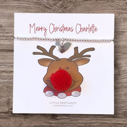 Personalised Rudolph Merry Christmas - Christmas Bracelet I Silver Plated Charm Bracelet & Silver Coloured Charm I Red Nose Reindeer