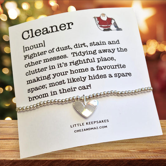 Christmas Gift for Cleaner Backing Card and Bracelet- Silver Plated Charm Bracelet & Heart Charm - Gift I Christmas Gift PG121