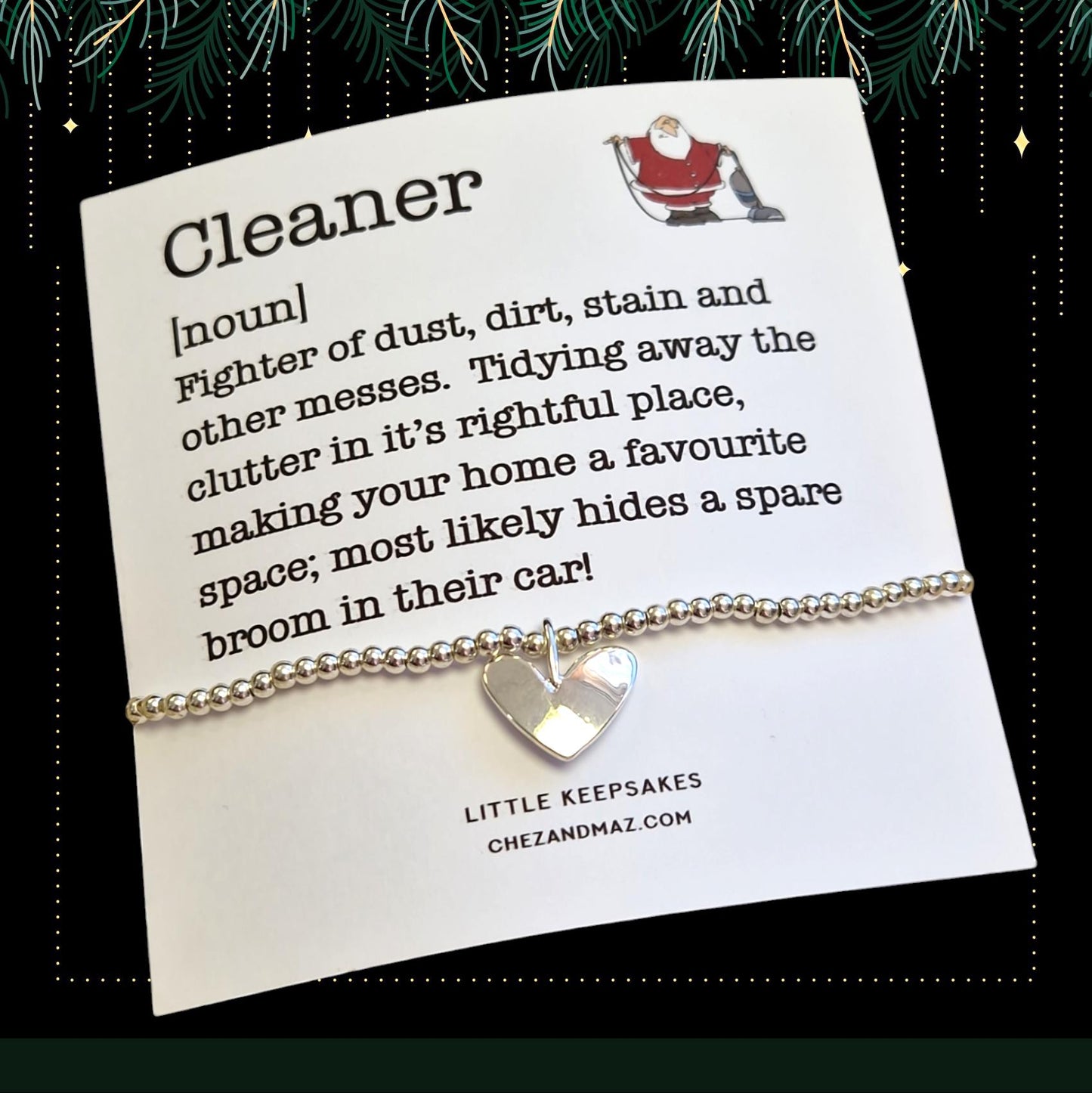 Christmas Gift for Cleaner Backing Card and Bracelet- Silver Plated Charm Bracelet & Heart Charm - Gift I Christmas Gift PG121