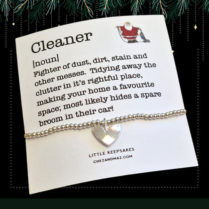 Christmas Gift for Cleaner Backing Card and Bracelet- Silver Plated Charm Bracelet & Heart Charm - Gift I Christmas Gift PG121