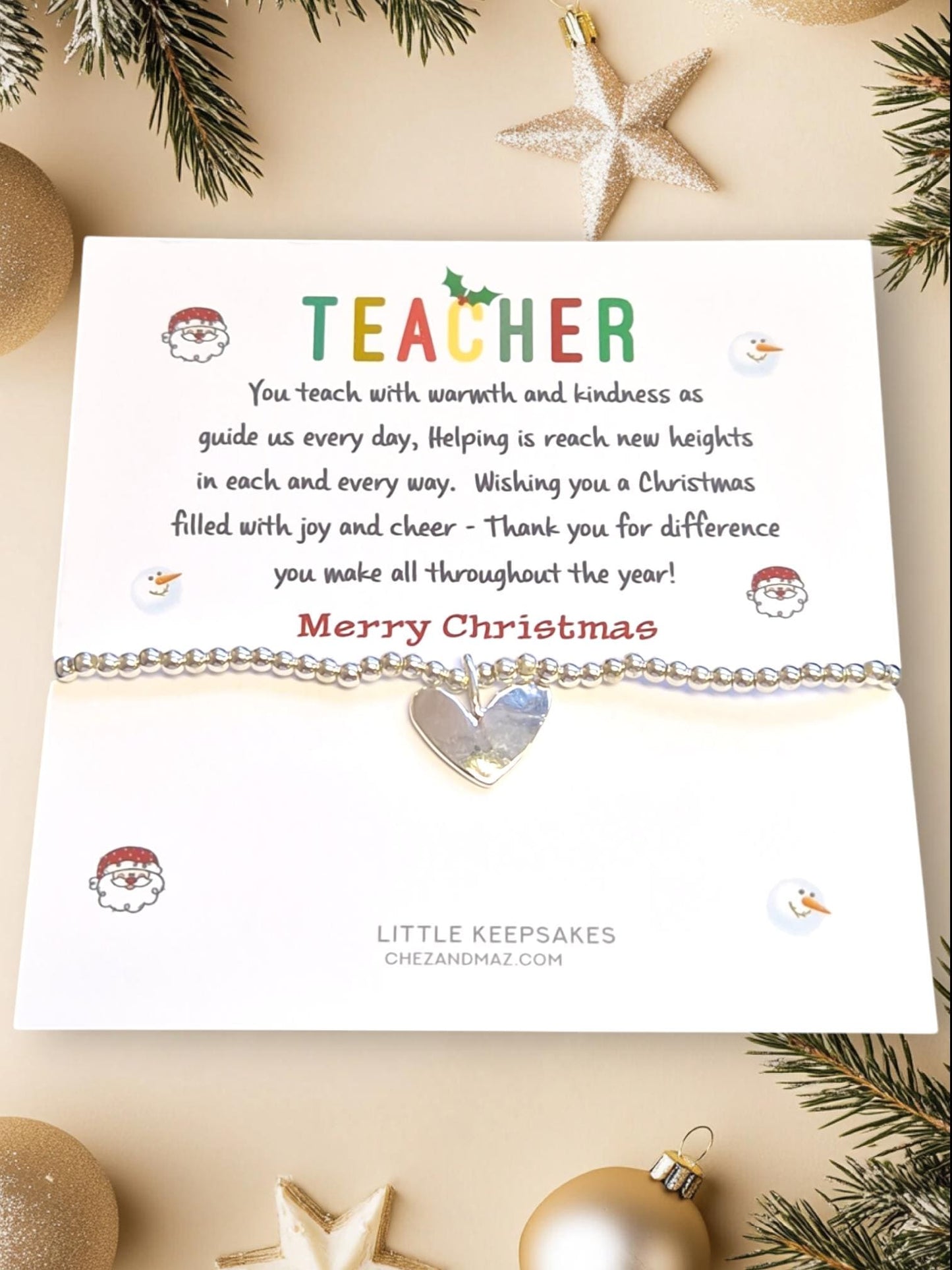 Merry Christmas Thank You Gift Teacher I Teacher Gift I Silver Beaded Charm Bracelet | Gifts For Teachers | Poem I Guide ZZ99