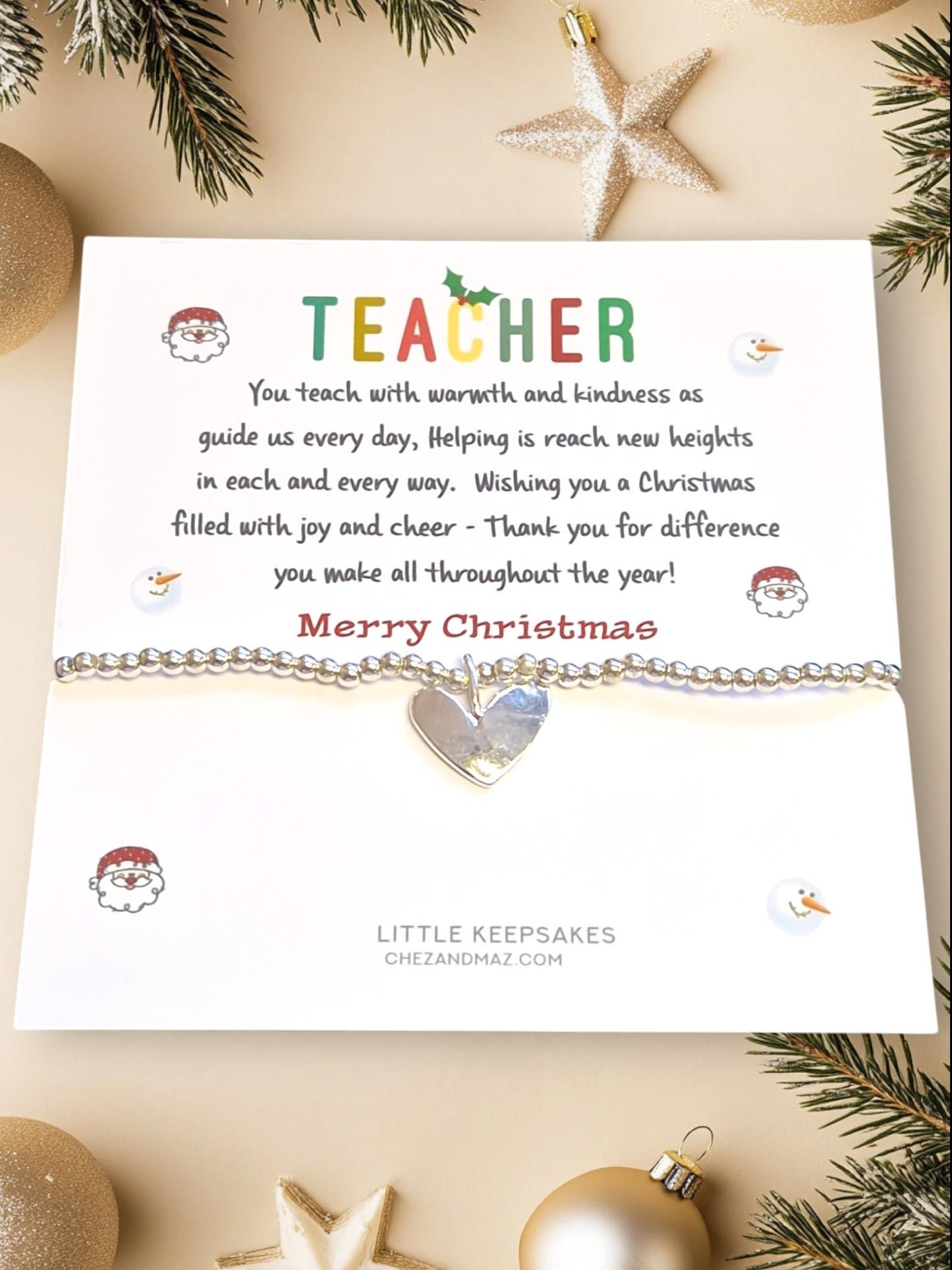 Merry Christmas Thank You Gift Teacher I Teacher Gift I Silver Beaded Charm Bracelet | Gifts For Teachers | Poem I Guide ZZ99