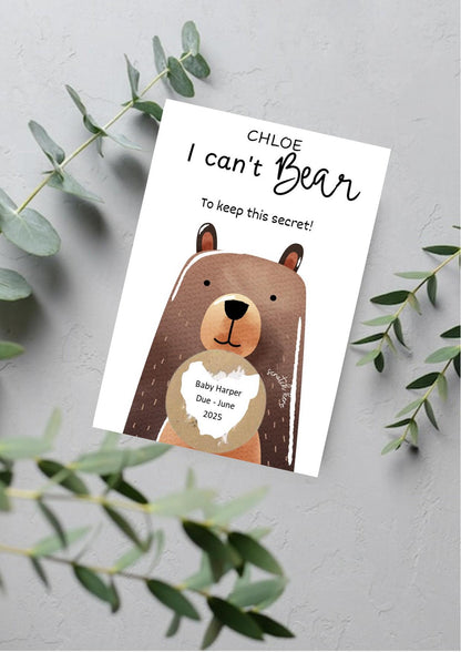 I can't Bear to keep this secret Personalised card Exciting News Reveal - Scratch off card - Scratch Reveal - Pregnancy annoucement ss1