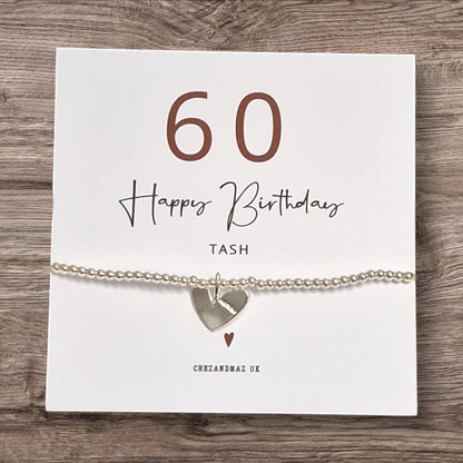 Sixty - Sixtieth Personalised 60th Birthday Bracelet: Silver Plated Heart Charm