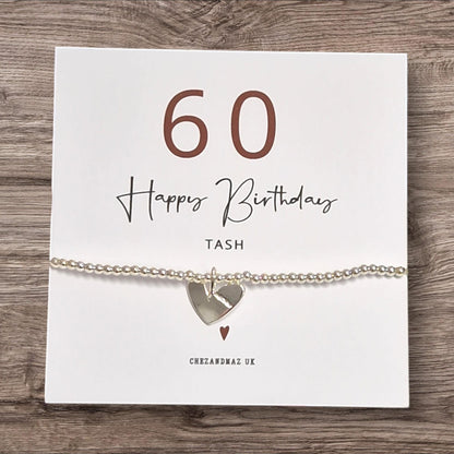 Sixty - Sixtieth Personalised 60th Birthday Bracelet: Silver Plated Heart Charm
