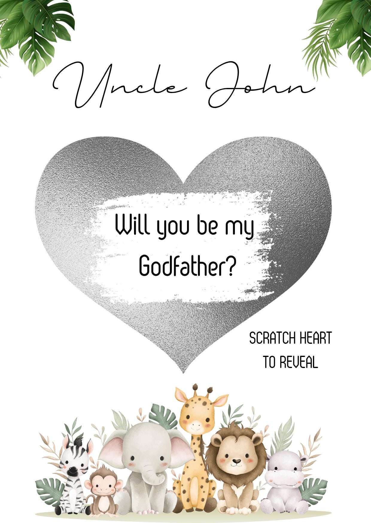 Will you be my Godfather Animals- Will you be my GodParent? Scratch Reveal Postcard, Scratch off Card Surprise