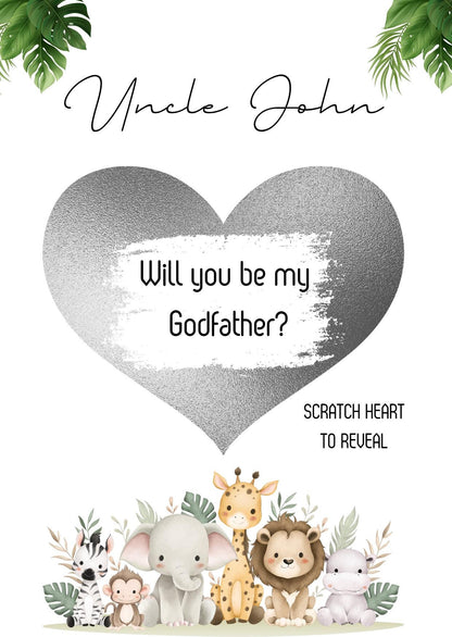 Will you be my Godfather Animals- Will you be my GodParent? Scratch Reveal Postcard, Scratch off Card Surprise