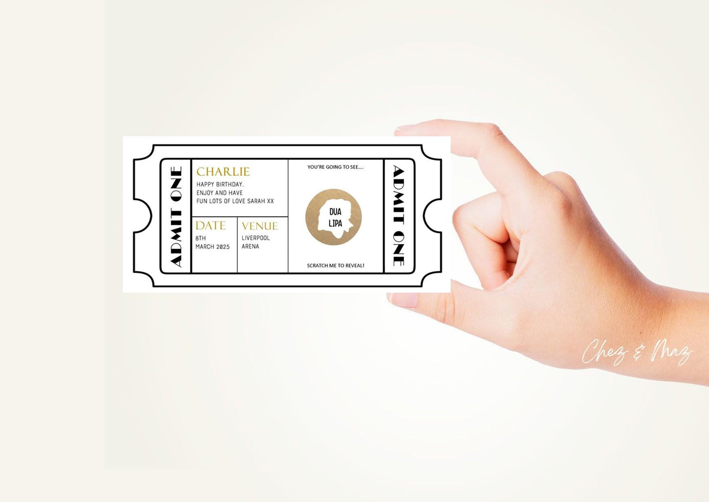 Personalised Scratch Off Concert Ticket Reveal Card, Festival, music