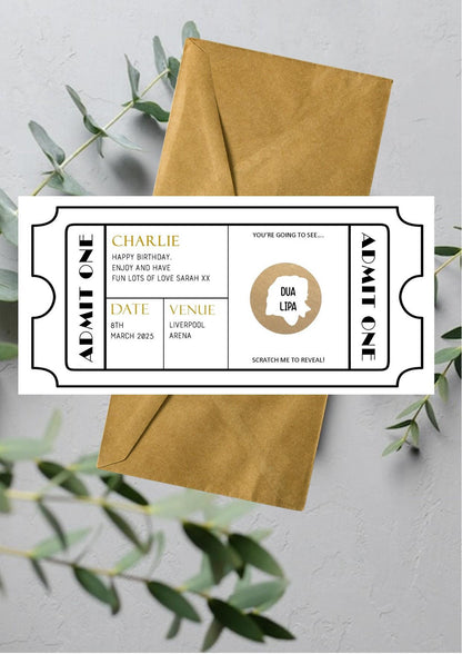 Personalised Scratch Off Concert Ticket Reveal Card, Festival, music