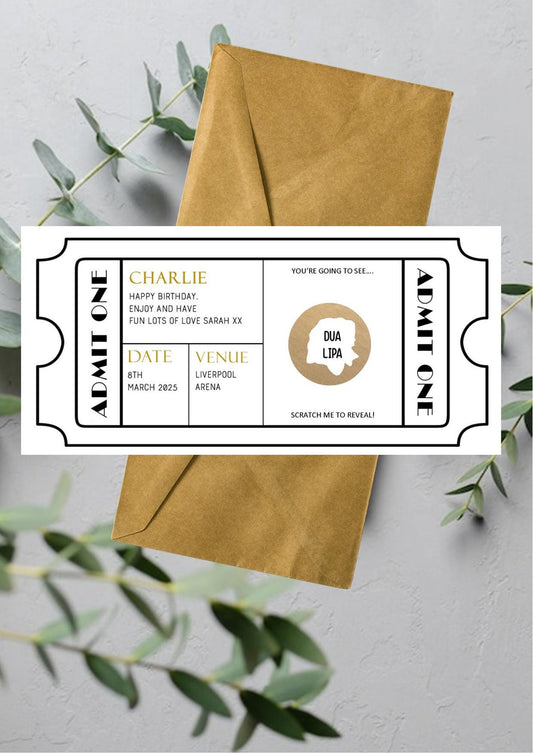 Personalised Scratch Off Concert Ticket Reveal Card, Festival, music