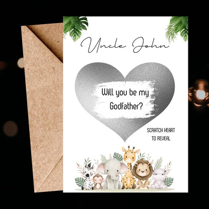 Will you be my Godfather Animals- Will you be my GodParent? Scratch Reveal Postcard, Scratch off Card Surprise