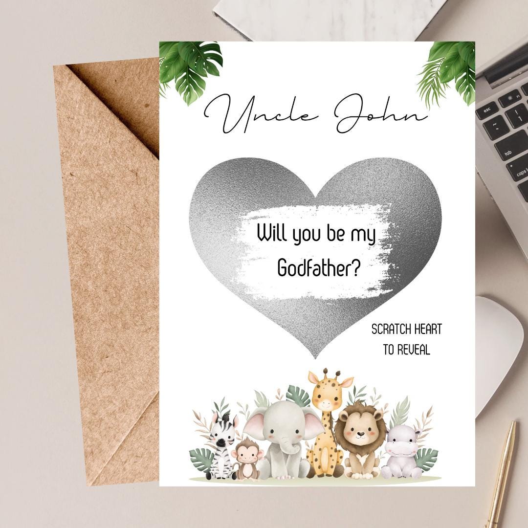 Will you be my Godfather Animals- Will you be my GodParent? Scratch Reveal Postcard, Scratch off Card Surprise