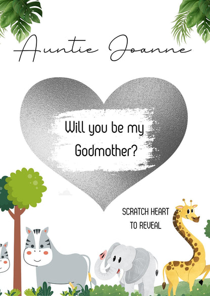 Will you be my Godmother Animals- Will you be my GodParent? Scratch Reveal Postcard, Scratch off Card Surprise