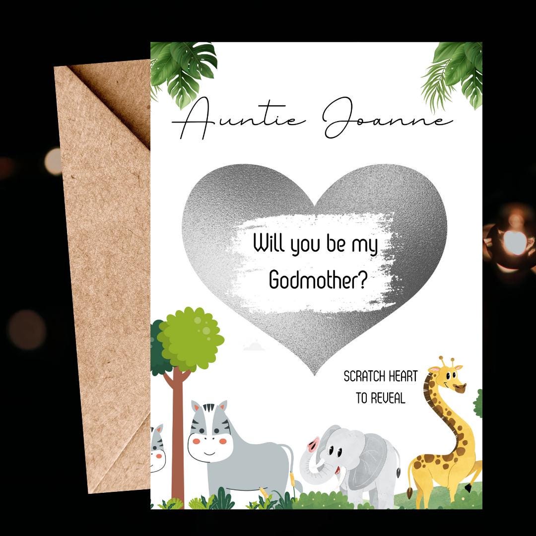 Will you be my Godmother Animals- Will you be my GodParent? Scratch Reveal Postcard, Scratch off Card Surprise