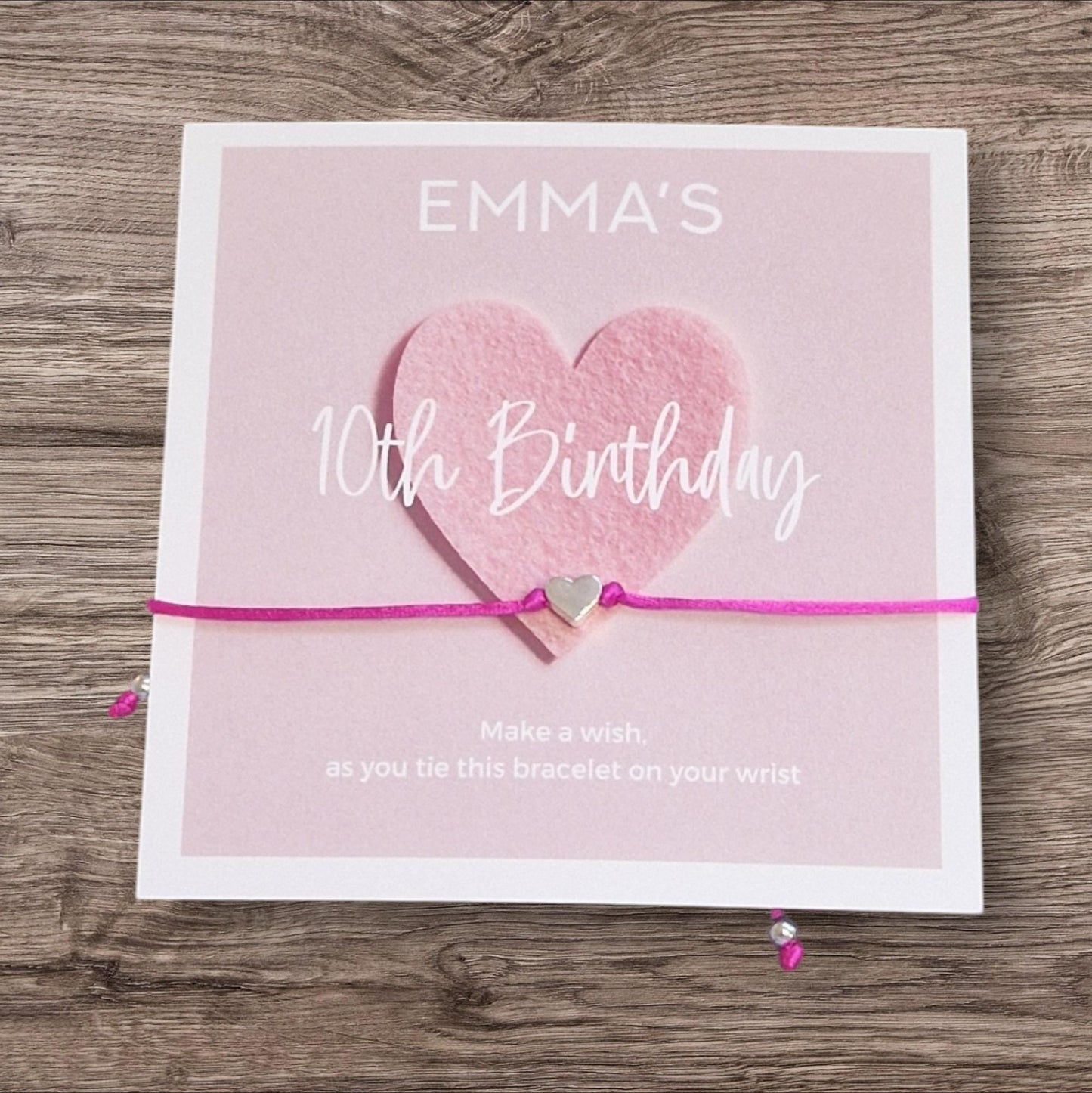Heart Design Birthday - wish string charm bracelet - Party bag filler - Personalised - Any age - Pink & White- Party A66