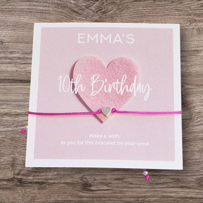 Heart Design Birthday - wish string charm bracelet - Party bag filler - Personalised - Any age - Pink & White- Party A66