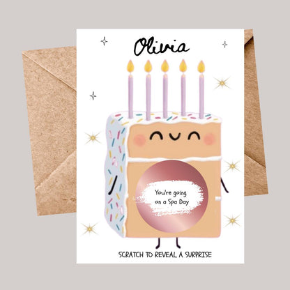 Birthday Scratch to Reveal Card: Surprise Gift Voucher Personalised - Cake - Fun - Cake Slice