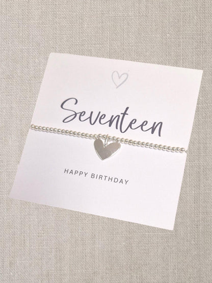17th 17 Birthday Silver Plated Heart Charm Bracelet- Seventeen