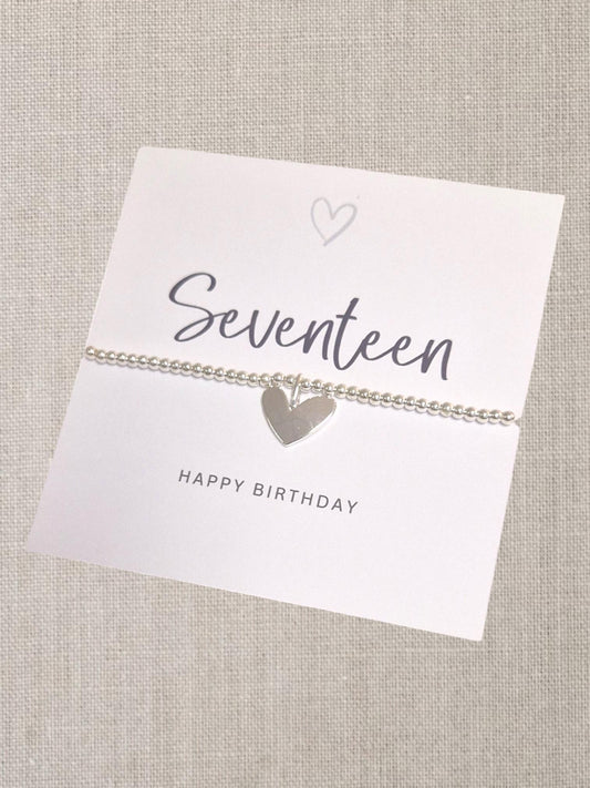 17th 17 Birthday Silver Plated Heart Charm Bracelet- Seventeen