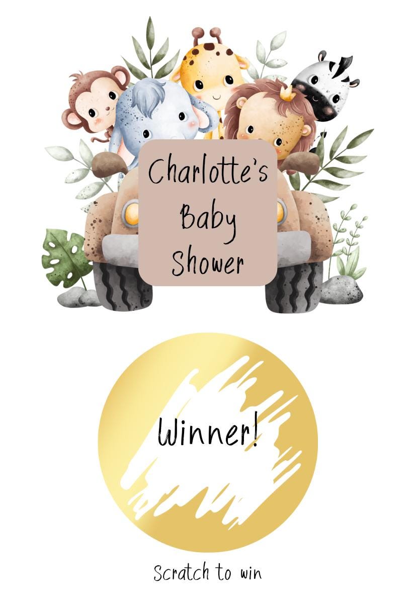Safari Jungle Animals Baby Shower Scratch Off Game, Personalized Safari Scratch Off, Scratch Off Card Set, Shower Scratch Offs