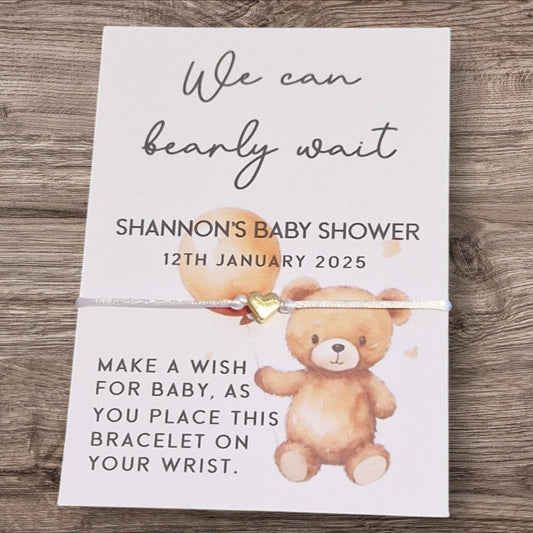 Teddy Bear Baby Shower Wish Bracelet: Personalised Charm String - Gender Neutral