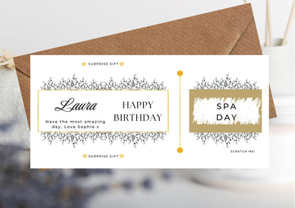 Personalized Spa Day Scratch Off Birthday Card