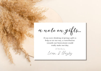 Personalised Note On Gifts Card Insert Template, Modern Minimalist Wedding Invitation Monetary Gift Request Enclosure Honeymoon - note1