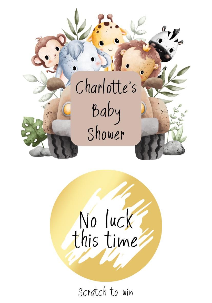 Safari Jungle Animals Baby Shower Scratch Off Game, Personalized Safari Scratch Off, Scratch Off Card Set, Shower Scratch Offs