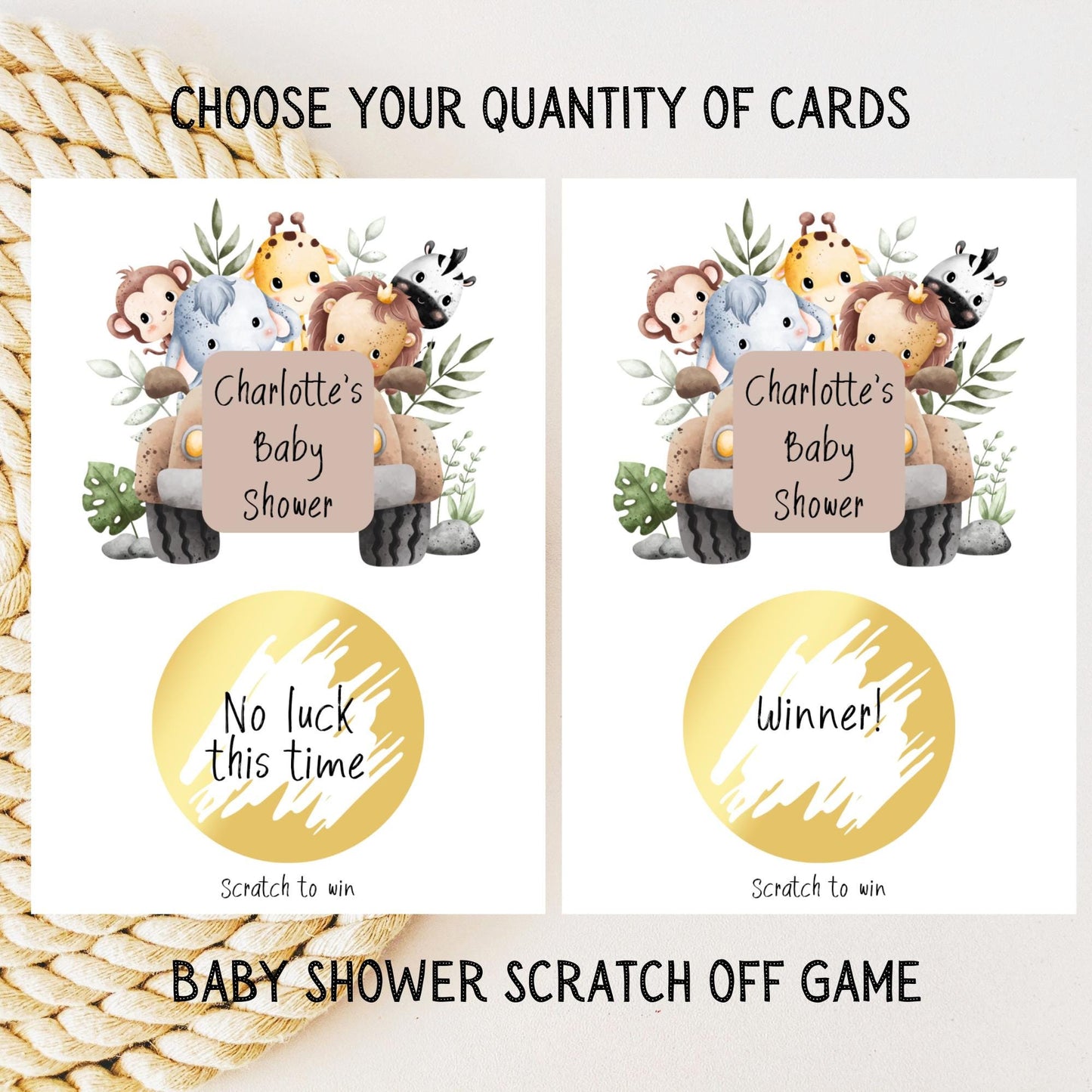 Safari Jungle Animals Baby Shower Scratch Off Game, Personalized Safari Scratch Off, Scratch Off Card Set, Shower Scratch Offs