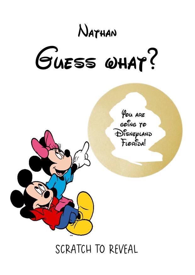 Personalised Disney Scratch Holiday Reveal Card Birthday Disneyworld Theme Park Surprise Reveal Ticket, Gift Disneyland - Florida - Sc666