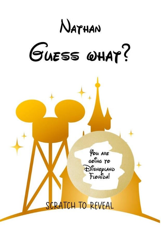 Personalised Disney Scratch Holiday Reveal Card Birthday Disneyworld Theme Park Surprise Reveal Ticket, Gift Disneyland - Florida - Sc666