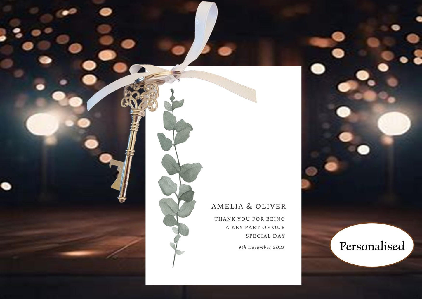 Personalised  Wedding Favor Key Bottle Opener Tag: Eucalyptus Thank You - key, tag and ribbon