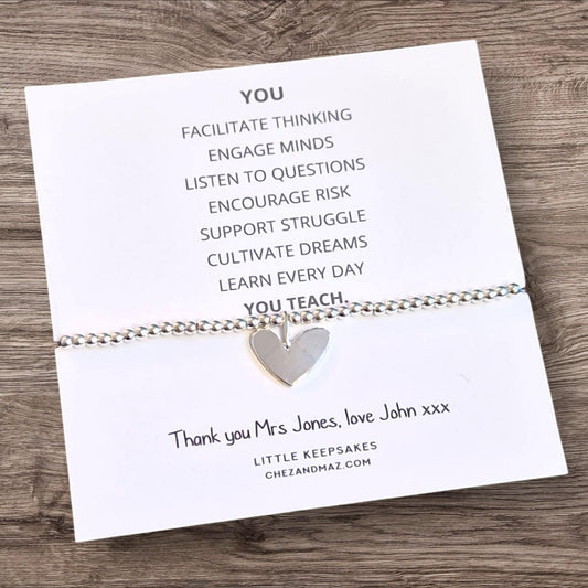 Thank You Gift Teacher Personalised I Nursery | TA | Childminder | Silver Beaded Charm Bracelet | Gifts For Teachers | Quote TEQ3