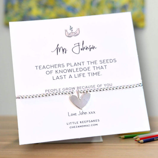 Thank You Gift Teacher Personalised I Nursery | TA | Silver Beaded Charm Bracelet | Gifts For Teachers | Plant seeds of knowledge TEQ3