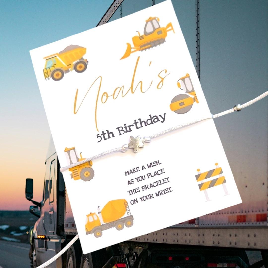 Construction Trucks Design Birthday - wish string charm bracelet - Party bag filler - Personalised - Any age - Boy - Party A46
