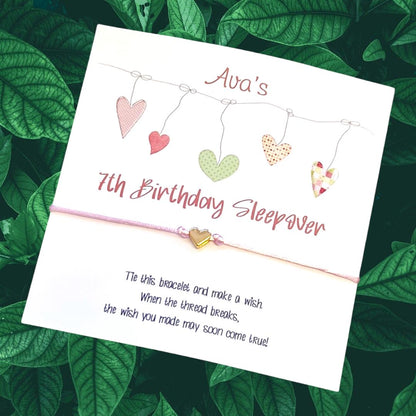 Sleepover Birthday - Dangling Hearts - Wish String Charm Bracelet - Party bag filler - Personalised - Any age - Slumber Party 801