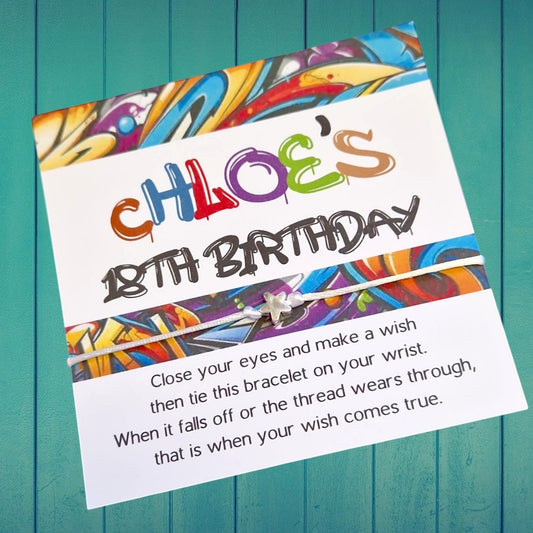 Grafitti Design Birthday - wish string charm bracelet - Party bag filler - Personalised - Any age - Street Art - Grunge - Party gf1