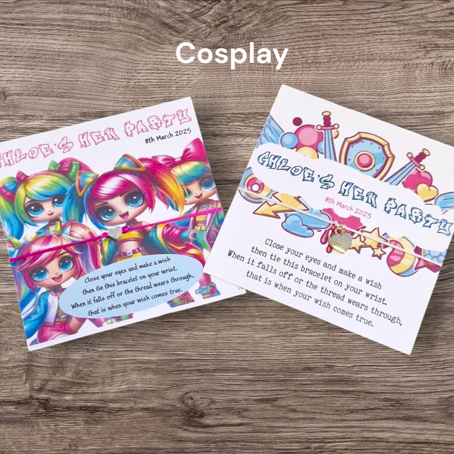 Cosplay Design Hen Party I Birthday - Wish string charm bracelet - Goodie bag filler - Personalised - Hen Do - Birthday Party gf1