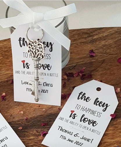 Personalized Wedding Favor Key Bottle Opener with Tag & Ribbon