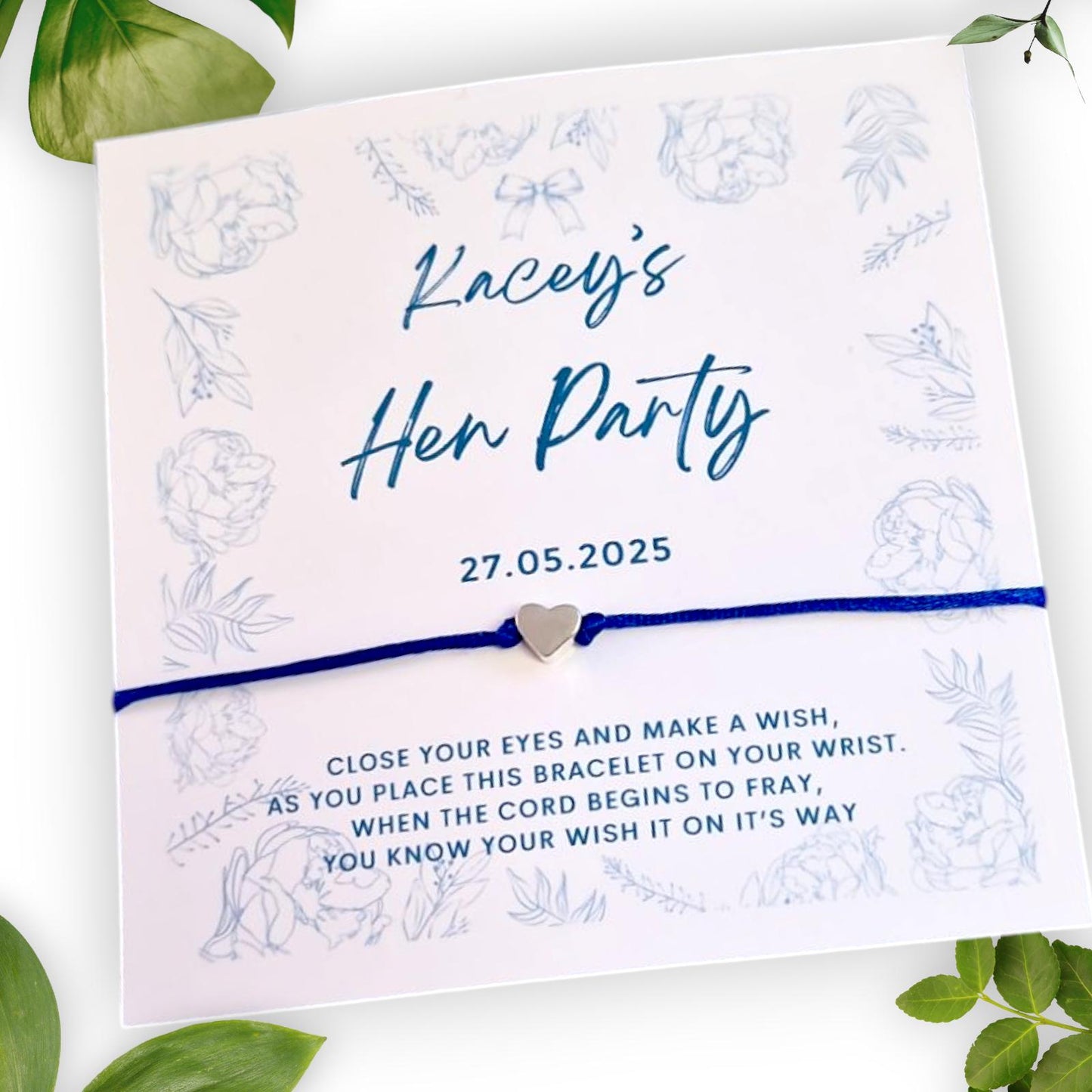 Hen Party Wish Bracelet: Blue Cord, Silver Heart Charm, Personalized