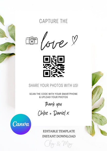 Capture the Love QR Code, Wedding Photo Signs, Share the Love, Wedding QR Code Signs, Horizontal & Vertical, Canva Template | CA1