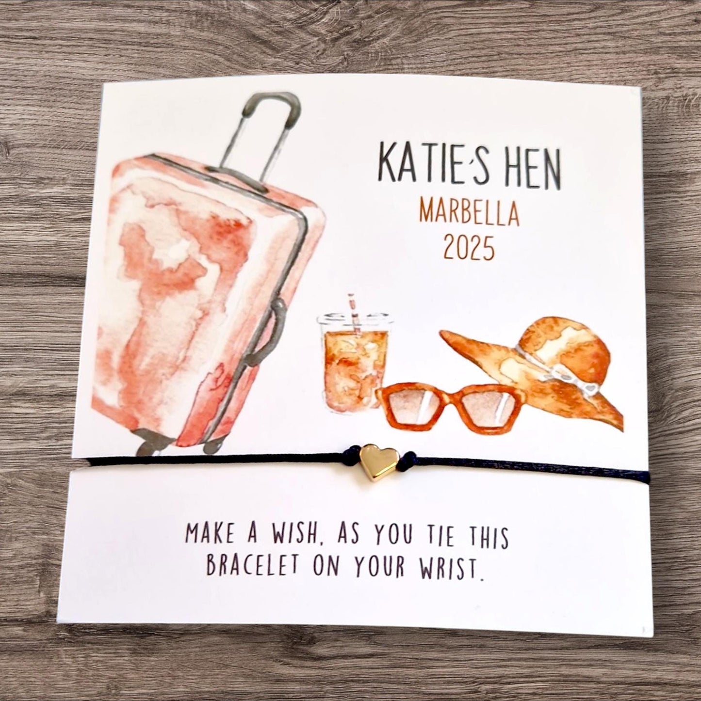 Hen Holiday, Weekend Personalised Hen Party Wish Bracelet: Travel Suitcase keepsake - Birthday, Party