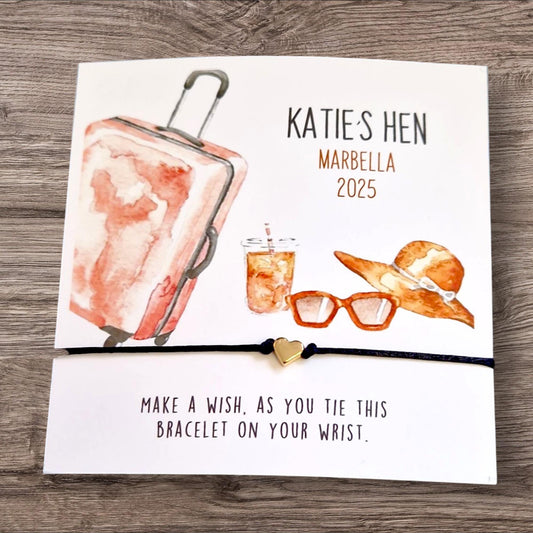 Hen Holiday, Weekend Personalised Hen Party Wish Bracelet: Travel Suitcase keepsake - Birthday, Party