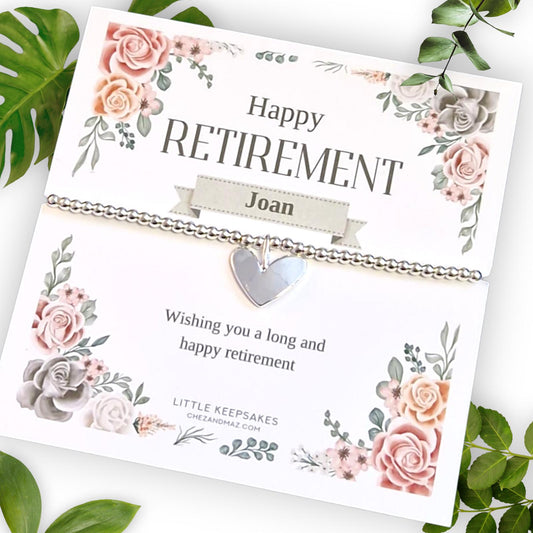 Personalised Retirement Bracelet  | Good Luck With Your Retirement | Happy Retirement  | Silver Plated Charm Bracelet Heart Charm RT400