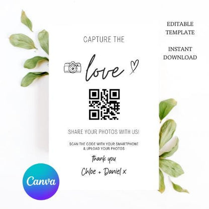 Capture the Love QR Code, Wedding Photo Signs, Share the Love, Wedding QR Code Signs, Horizontal & Vertical, Canva Template | CA1