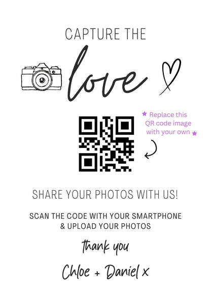Capture the Love QR Code, Wedding Photo Signs, Share the Love, Wedding QR Code Signs, Horizontal & Vertical, Canva Template | CA1